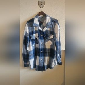 Blue and white plaid fleece shacket